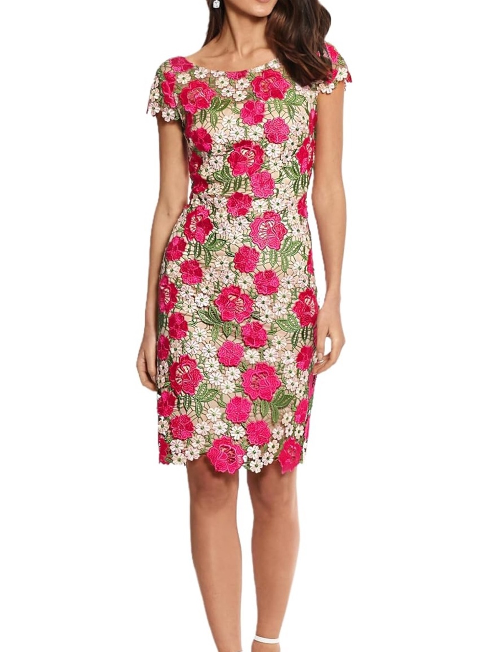 Xscape Fuchsia Floral Lace Midi Dress with Green Leaf Embroidery